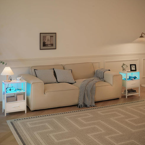 3-Tier Yoobure White Night Stand with Charging Station, LED Nightstand for Bedroom, Bedside Tables with Adjustable