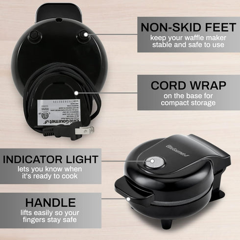 Elite Gourmet EWM013B Electric Nonstick Mini Waffle Maker, 5-Inch Cooking Surface, Black