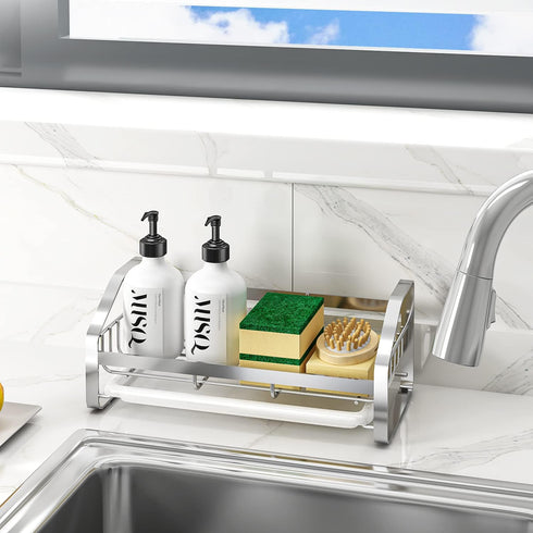 Sink Caddy, Sponge Holder for Kitchen Sink, 304 Stainless Steel Organizer with Removable Drain Tray
