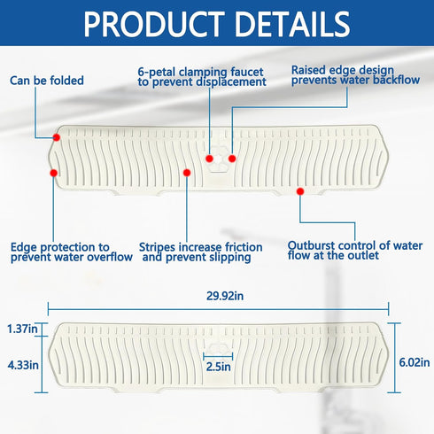 Kitchen Sink Splash Guard Gen2-30" x 6'' Silicone Sink Mat Splash Guard fit for Countertop, Bathroom,Farmhouse,RV by EBIGIC (White)