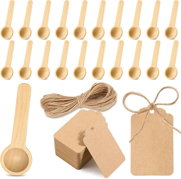 MORGLES 20pcs Small Wooden Spoons Set, 3 Inch Mini Wooden Spoons for Jars, Disposable Small Spoons Bulk with Tags
