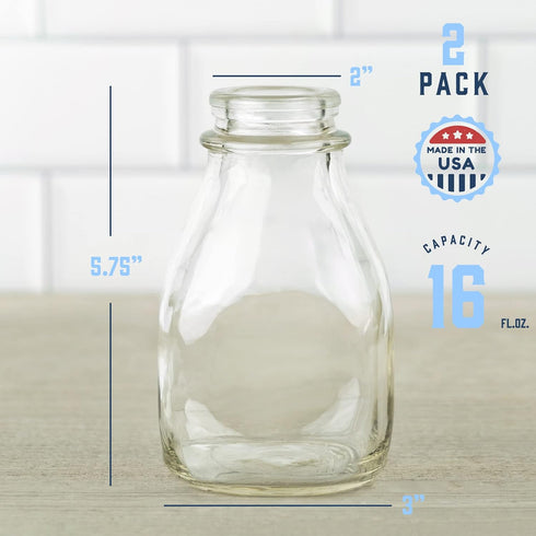 16 Oz 16 Pack 2 kitchentoolz Glass Milk Bottle with Lid - Ounce Short and Wide Glass Milk Container for Refrigerator