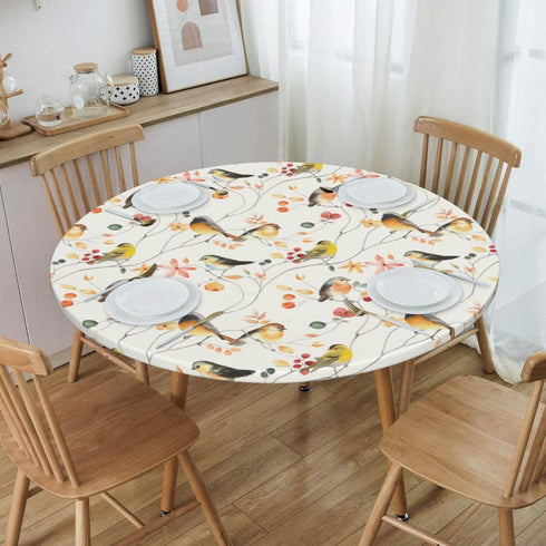 Yookeer Elastic Round Fitted Tablecloth, Bird Design, Stretchable Polyester Fabric for 40"-44" Table Cover