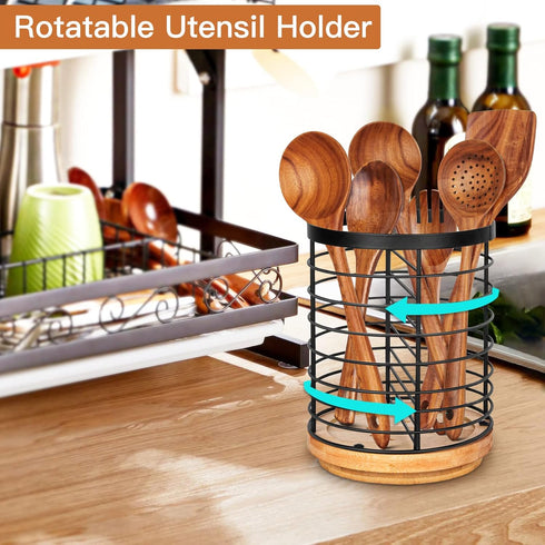 Utensil Holder for Kitchen Counter, Large Black Metal+Bamboo Base Utensil Organizer, Breathable, Easy to Dry, Rotating