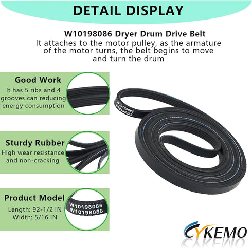 2024 NEW W10198086 Dryer Drum Drive Belt for Maytag Whirlpool Dryer, Replaces WPW10198086