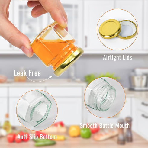 30 Pack 2 oz EkkoVla Hexagon Mini Glass Honey Jars, Small Honey Jars with Golden Lids, Wooden Dipper, Bee Pendants