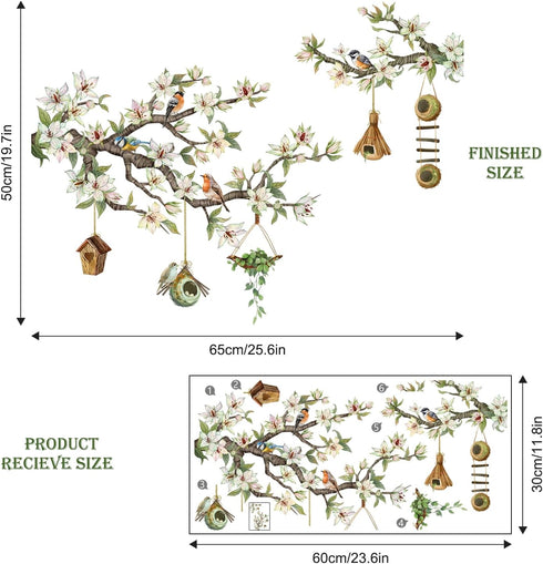 Spring Birds Flower Branches Window Clings, Hanging Bird House Green Leaves Decals, Anti Collision Double-Side Stickers