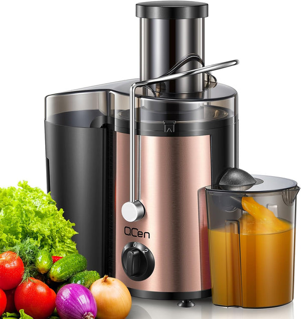 QCen Juicer Machine, 500W Centrifugal Juicer Extractor with 3” Wide Mouth Feed Chute, Stainless Steel, BPA-free (Rose
