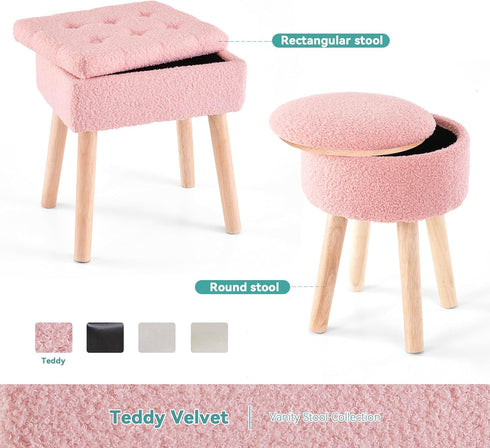 BRIAN & DANY Vanity Stool, Sherpa Vanity Stool Chair with Storage, Round Makeup Chair Soft Padded Seat with Legs