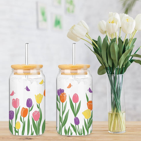 Whaline 2 Pack Spring Iced Coffee Cup, Colorful Tulip Flower Glasses with Lid, Straw, Cleaning Brush for Home Gifts