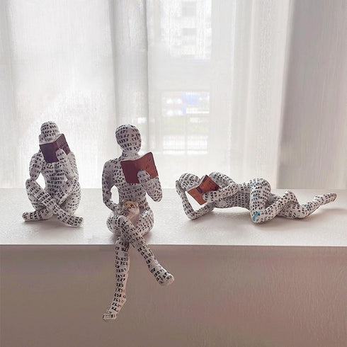 inheming Reading Figurine Bookshelf Decor, Creative Abstract Thinker Statue, Home Office Modern Shelf Desk Book