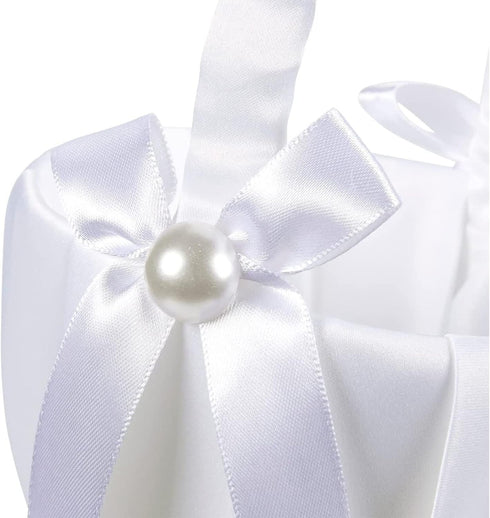 White Flower Girl Basket with Satin Bowknot & Pearl Design - 8 x 5.2 x 6 Inch, Ideal for Wedding Party Accessories