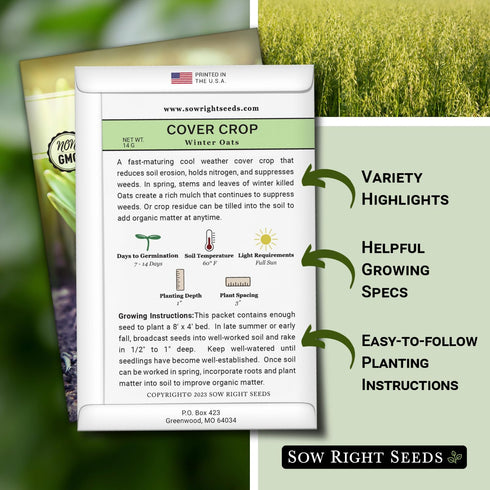 Sow Right Seeds - Winter Oats Seed for Planting - Cover Crops to Plant in Your Home Vegetable Garden - Enriches Soil