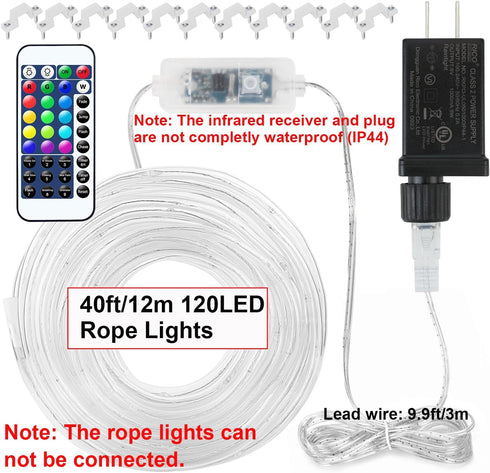 OMIKA 120 LED Rope Lights Plug in, 40ft Waterproof Outdoor String Light with Remote Timer for Party Decor