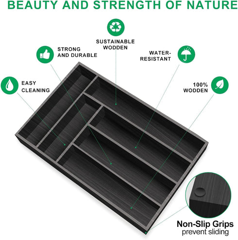 Ayiaren Kitchen Wood Utensil Tray Drawer Organizer, 14.6"x9.5" Black Bamboo Silverware Divider for Flatware and Cutlery