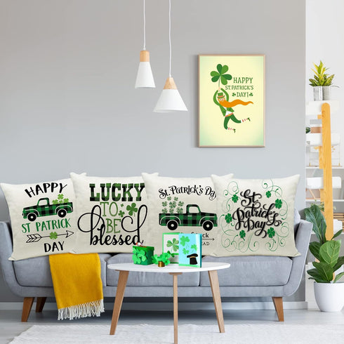 Ueerdand St Patrick's Day Pillow Covers, Set of 4 Shamrock Decorations, Green Clover Buffalo Plaid Cushion Covers
