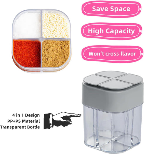 4 Pack 4 in 1 Travel Salt and Pepper Shaker, Camping Spice Container with Lid for Home Restaurant BBQ