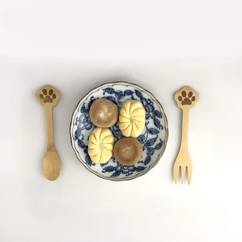 Set of 2 Doggy Paw Themed Bamboo Spoon and Fork Set for Kids | Appetizer Fruit Dessert Ice Cream