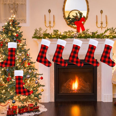 DERAYEE 6 Pack Christmas Stockings, 18 Inch Large Red Black Buffalo Plaid for Family Holiday Xmas Party Decoration