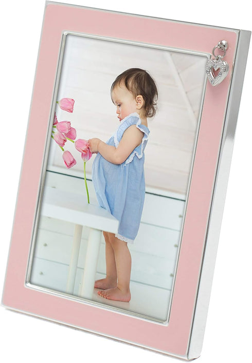 4x6 MIMOSA MOMENTS Silver Plated Baby Picture Frame, Pink Enamel & Rhinestone Heart Charm, Tabletop Frame for Baby Girl