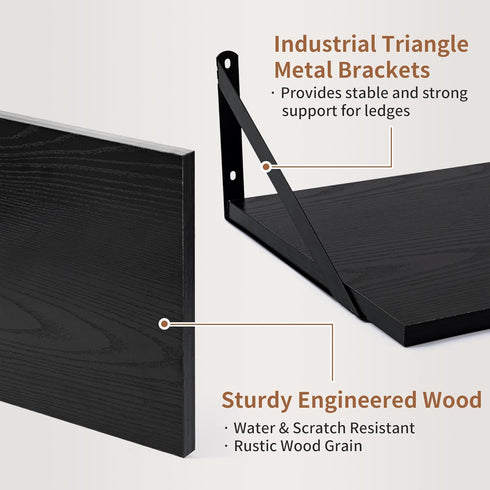 16W 12D Set 2, 12 Inch Axeman Deep Floating Shelves for Wall, x Black Floating Shelves of Deep Large Wall Mounted