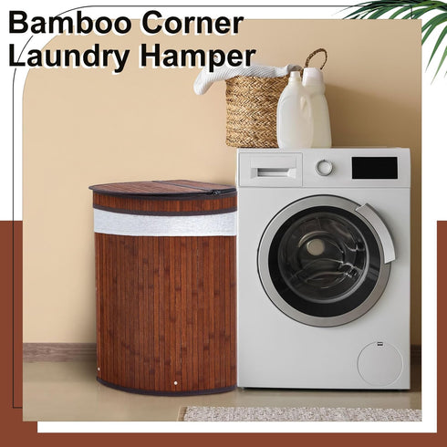 Gueevin Corner Laundry Hamper with Lid, 2 Removable Cloth Liners, Bamboo Corner Basket for Bedroom Bathroom Storage
