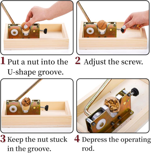 4 Pumtus Manual Nutcracker, Heavy Duty Nut Tongs with Forks & Wooden Base, Adjustable Macadamia Nut Opener Tool, Walnut