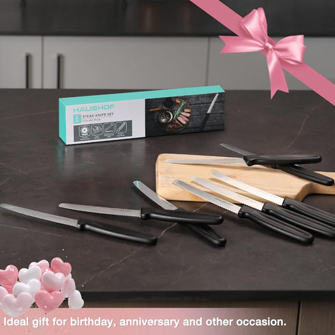 HAUSHOF Set of 8 Serrated Steak Knives, Premium Stainless Steel with Gift Box, Black Handle