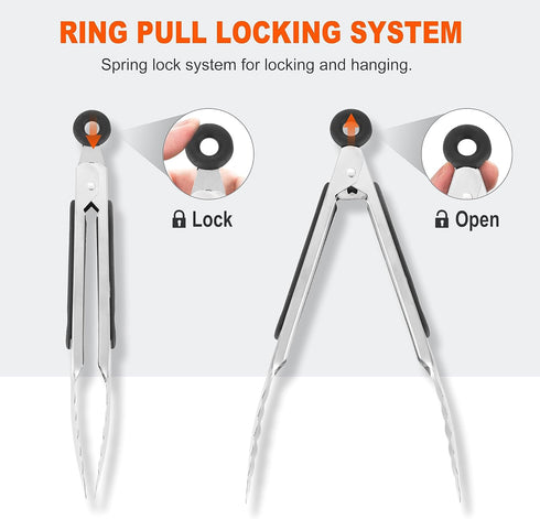 Anaeat Stainless Steel Locking Tong Set of 3 - Premium Kitchen Food Tongs with Non-Slip Silicone Tips for Cooking,