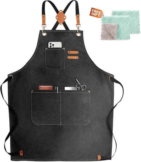 Chef Apron, Cross Back Cotton Canvas Apron for Women and Men with Adjustable Straps and Large Pockets