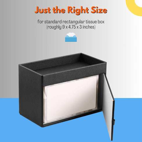 Rectangular Leather Tissue Box Cover with Storage Tray, Black Facial Tissue Holder for Bathroom, Office, Night Stand