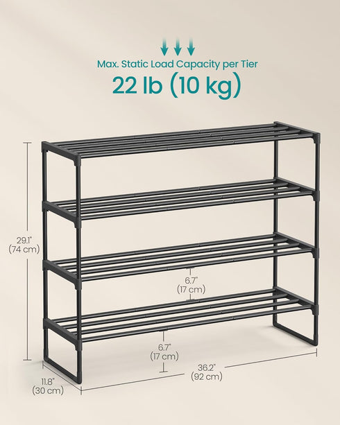 4-Tier 20-25 11.8 36.2 29.1 Inches, ULSA14BK SONGMICS Shoe Rack, Shoe Organizer, Metal Storage Shelf, Upright or Upside