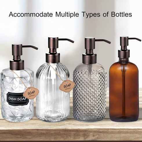 4PC Soap Dispenser Lids, 304 Stainless Steel Replacement Pump with Waterproof Label Stickers for Bottles (Bronze)