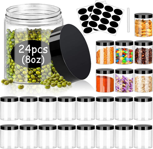 SLifeJars 24 Pack 8oz Plastic Jars with Lids, Clear Stackable Round Empty Jars with Black Lids for Kitchen Storage,