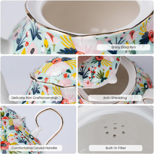 33.8 oz Porcelain Tea Pot Luxury Gold Trim Floral Ceramic Teapot Waterpot Tea Maker for Blooming Loose Leaf Tea Coffee