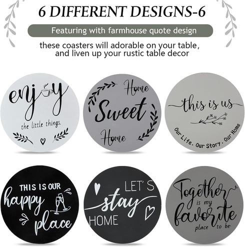 Set 6 4'' Queekay Coasters of House Warming Gifts New Home Wooden Farmhouse Drink Coasters with Holder Funny Decoration
