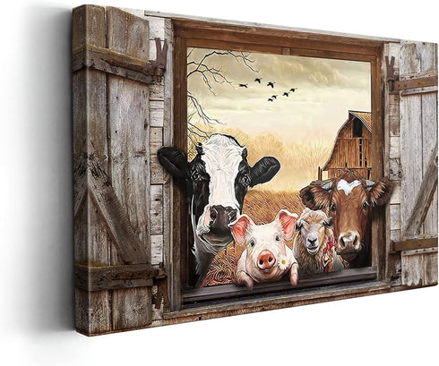 Kasluolo Farmhouse Animals Wall Art, Cow in Fake Window Landscape Picture, Framed Artwork for Bathroom or Office 12x16