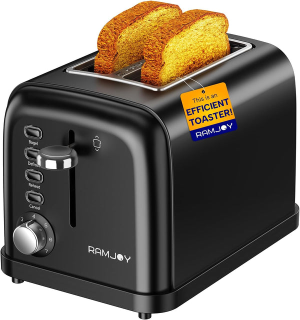 Black 2 Slice Toaster, Extra Wide Slot for Bagels, 7 Shade Settings, Removable Crumb Tray