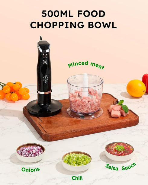 Sangcon 6-in-1 Immersion Blender: Handheld with Chopper & 34oz Blending Cup, 2-Speed Adjustable Stick Blender