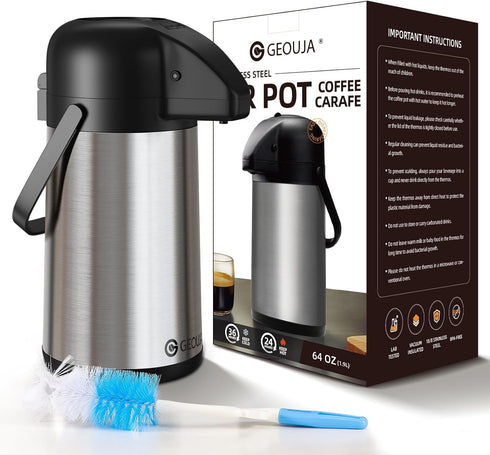 Airpot Coffee Carafe, 64 OZ / 1.9L Insulated Stainless Steel Thermos Urn for Hot Drinks, Pump Dispenser for Parties