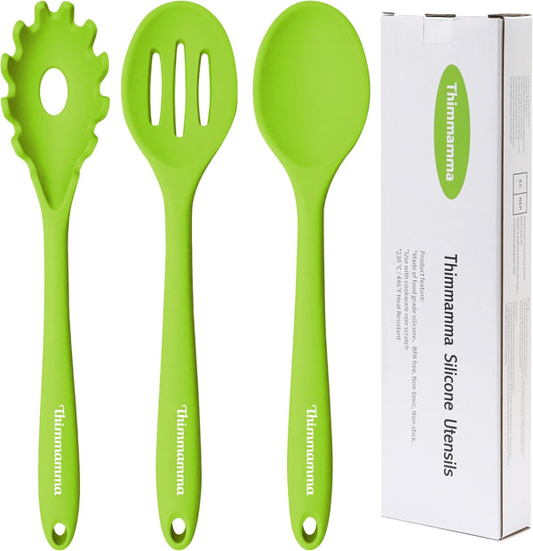 Silicone Cooking Spoons, Heat Resistant Large Slotted Spoon, Solid Basting Spoon Set for Nonstick Cookware (Green)