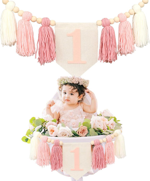 1st 1 Boho Pink Handmade Birthday High Chair Banner First Highchair Banner For Baby Girls Wild One Wall Hangings Wood