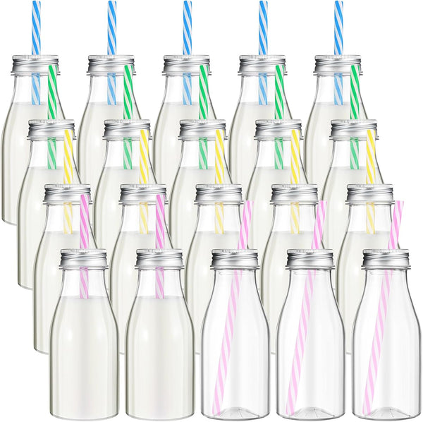 Yinkin 20 Sets Plastic Milk Bottles with Straws Lids Clear Plastic Containers