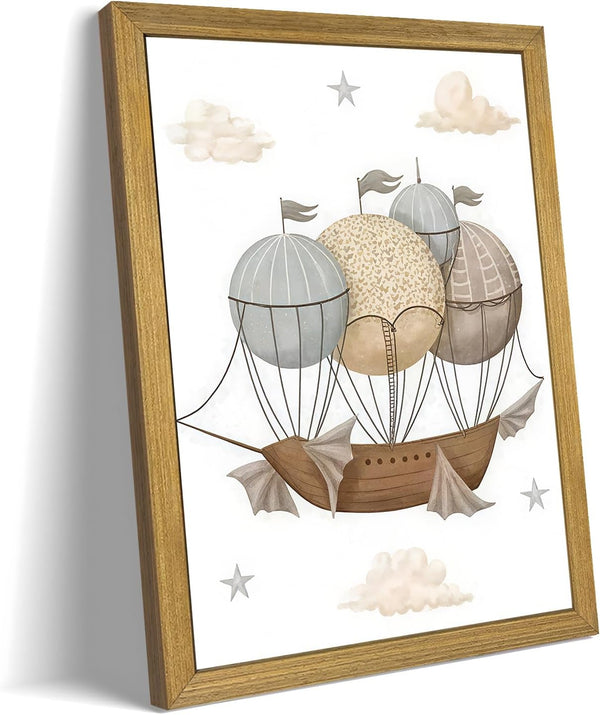 SAMHOU Wood Framed Canvas Wall Art, Baby Boy Nursery Decor, Vintage Airship Boy