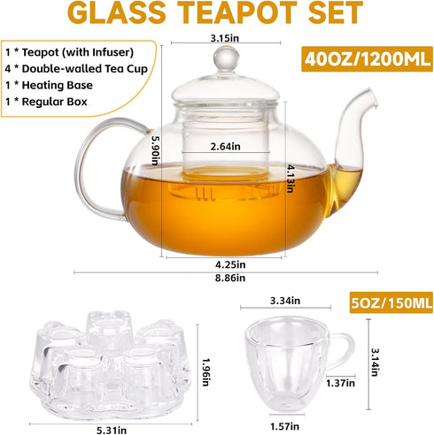 Set, 40OZ/1200ml 4 Set Glass Teapot Stovetop Safe Glass Tea Kettle with Double-Wall Tea Cups & Loose Tea Infuser & Tea
