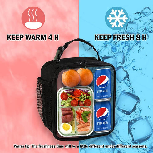 Black Lunch Box for Teens Boys Kids Men - Insulated Thermal Tote Cooler Bag for Girls Women, Portable and Reusable