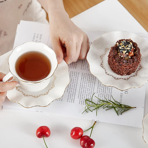 Trim,Set 6 (7 OZ), Set DUJUST Tea Cups and Saucers with Golden of Luxury Relief Printing Coffee Cups with Metal Stand