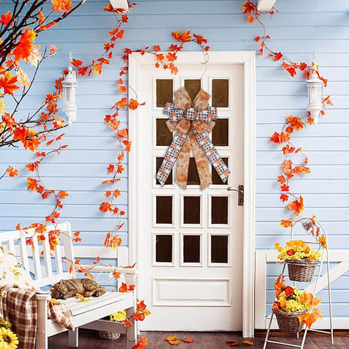 Large Fall Pumpkin Bow for Wreath, White Black Buffalo Plaid for Indoor Outdoor Decoration