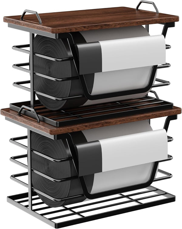 2 Pack Stackable Trash Bag Holders with Wood Top, Large & Small