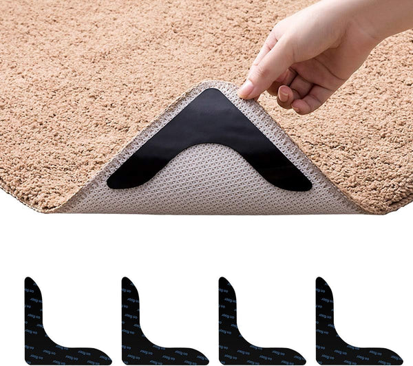Rug Grippers, Never Curl Non Slip Reusable Carpet Stickers for Area Rugs, Keep Your Rug in Place (Black, 4Pcs)